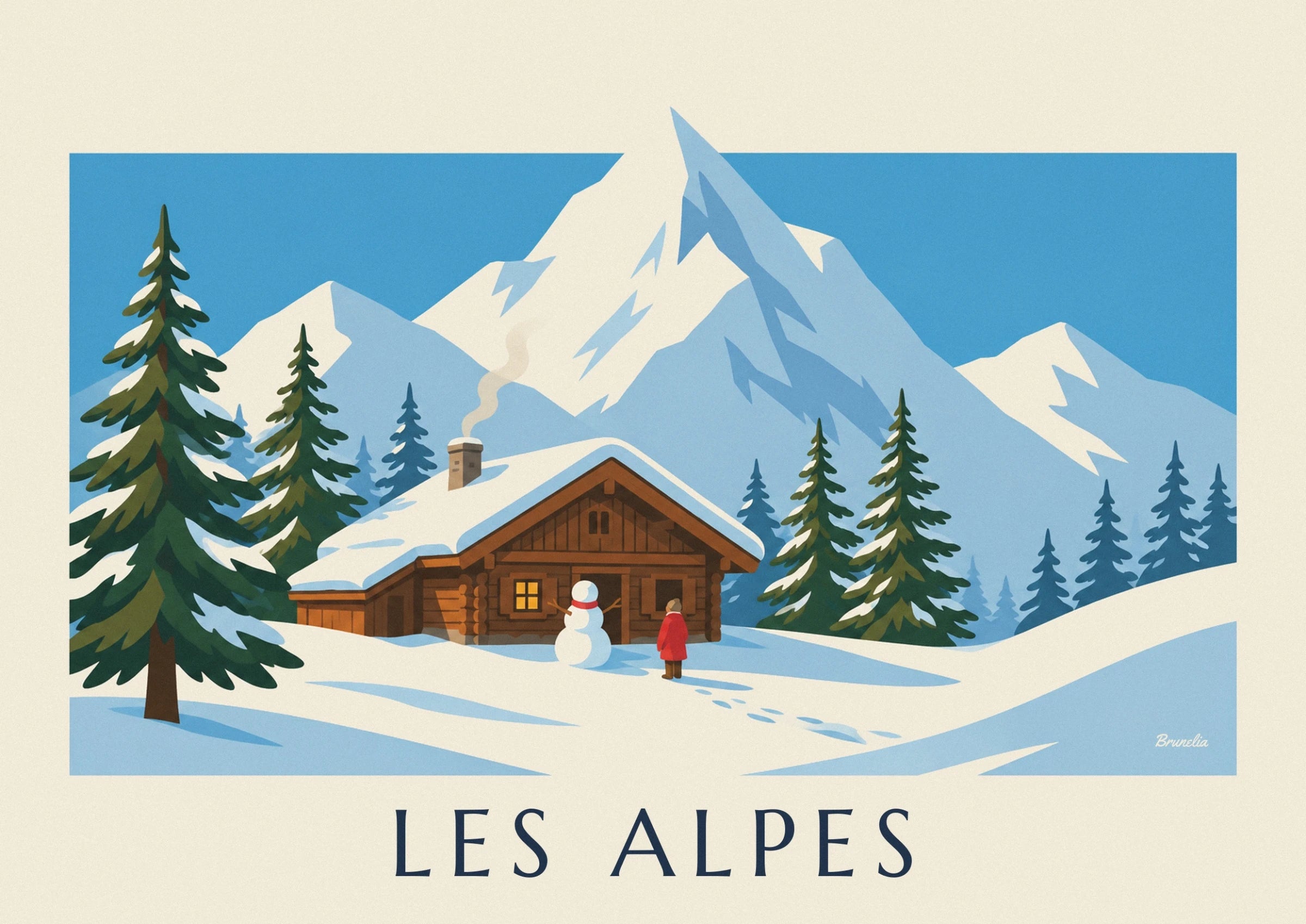 Het houten chalet onder de sneeuw, met zijn sneeuwpop met rode sjaal en een figuur in een rode jas