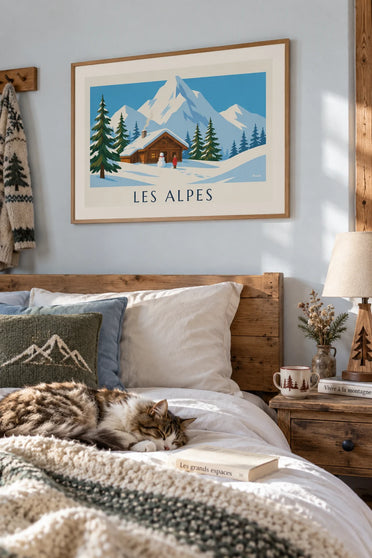 Poster verschneites Chalet und Schneemann in den Alpen: gerahmt an der Wand