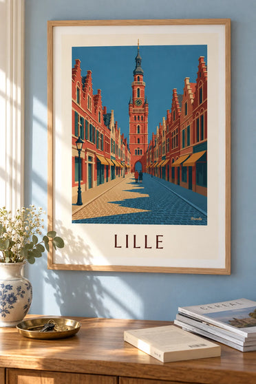 Poster Kopfsteinpflastergasse und flämische Fassaden in der Altstadt von Lille: gerahmt an der Wand