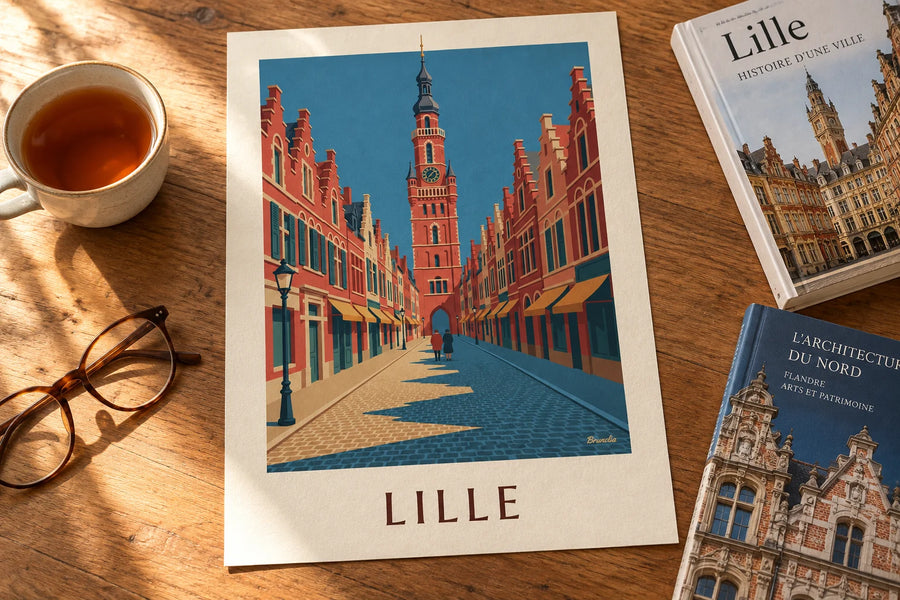 Poster Kopfsteinpflastergasse und flämische Fassaden in der Altstadt von Lille: auf einem Tisch