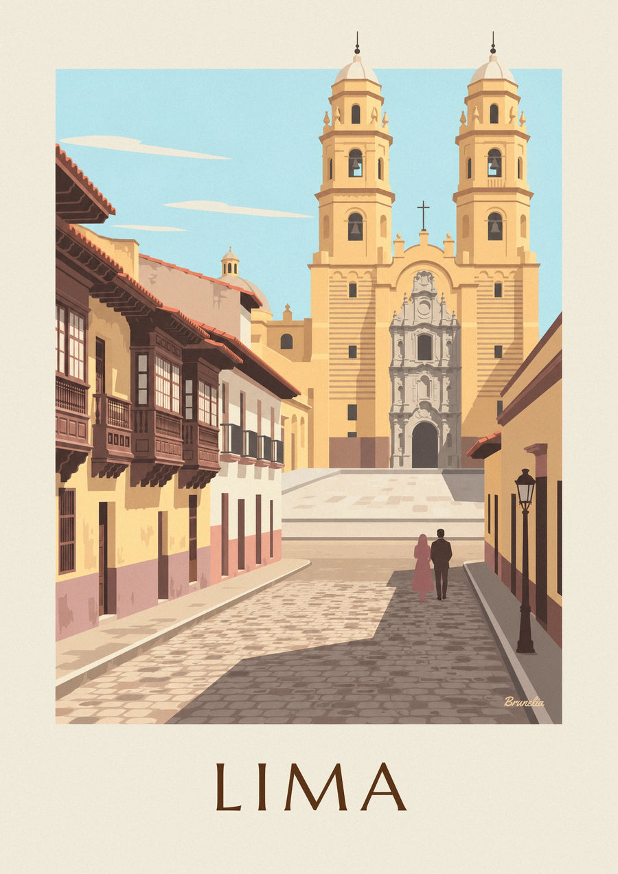 Poster koloniale straat in Lima en basiliek van San Francisco