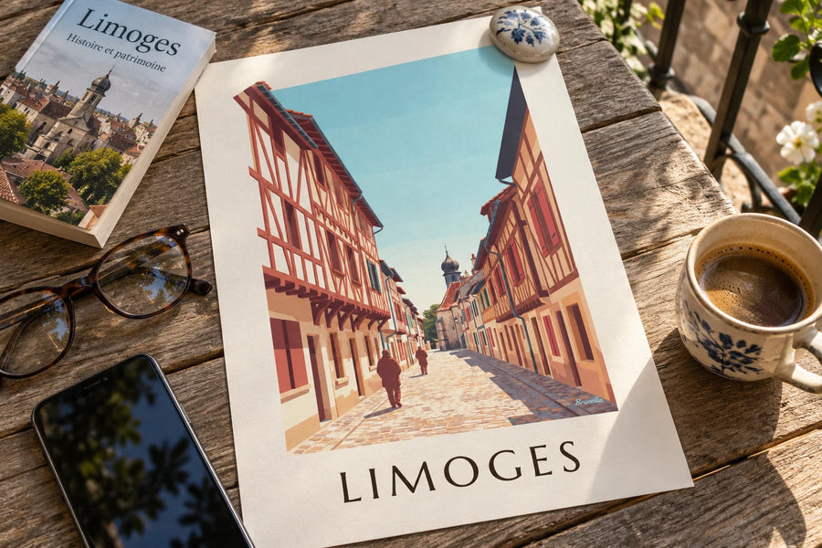 Affiche rue de la Boucherie et chapelle Saint-Aurélien à Limoges : posée sur une table