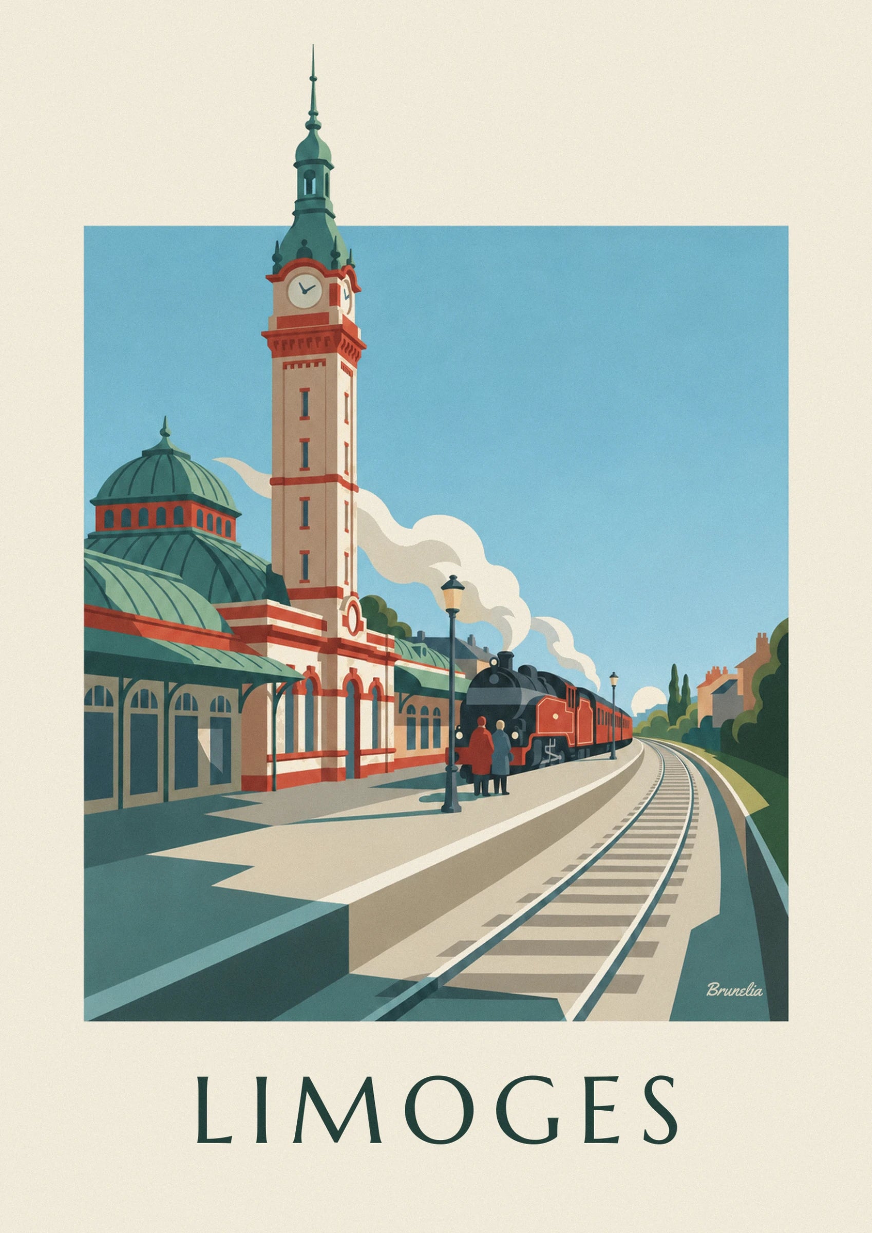 The tall clock tower in red and cream brick, beneath a blue sky
