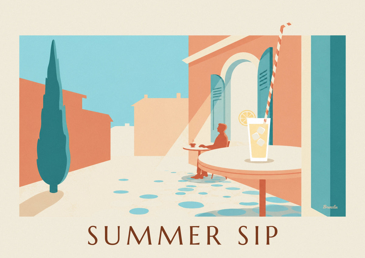 Lemonade glass with lemon and striped straw poster