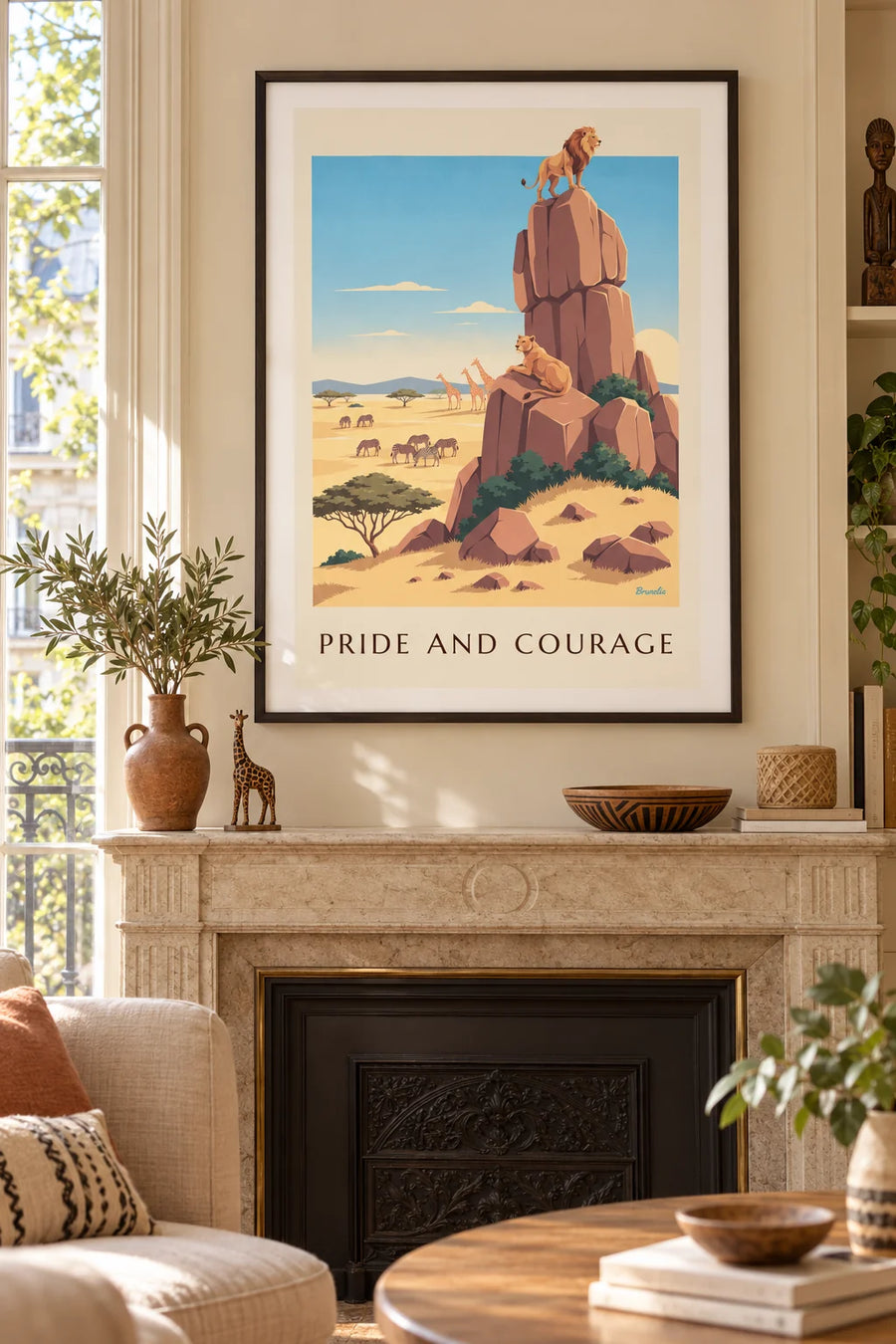 Affiche lion et lionne sur un kopje dans la savane : encadrée au mur
