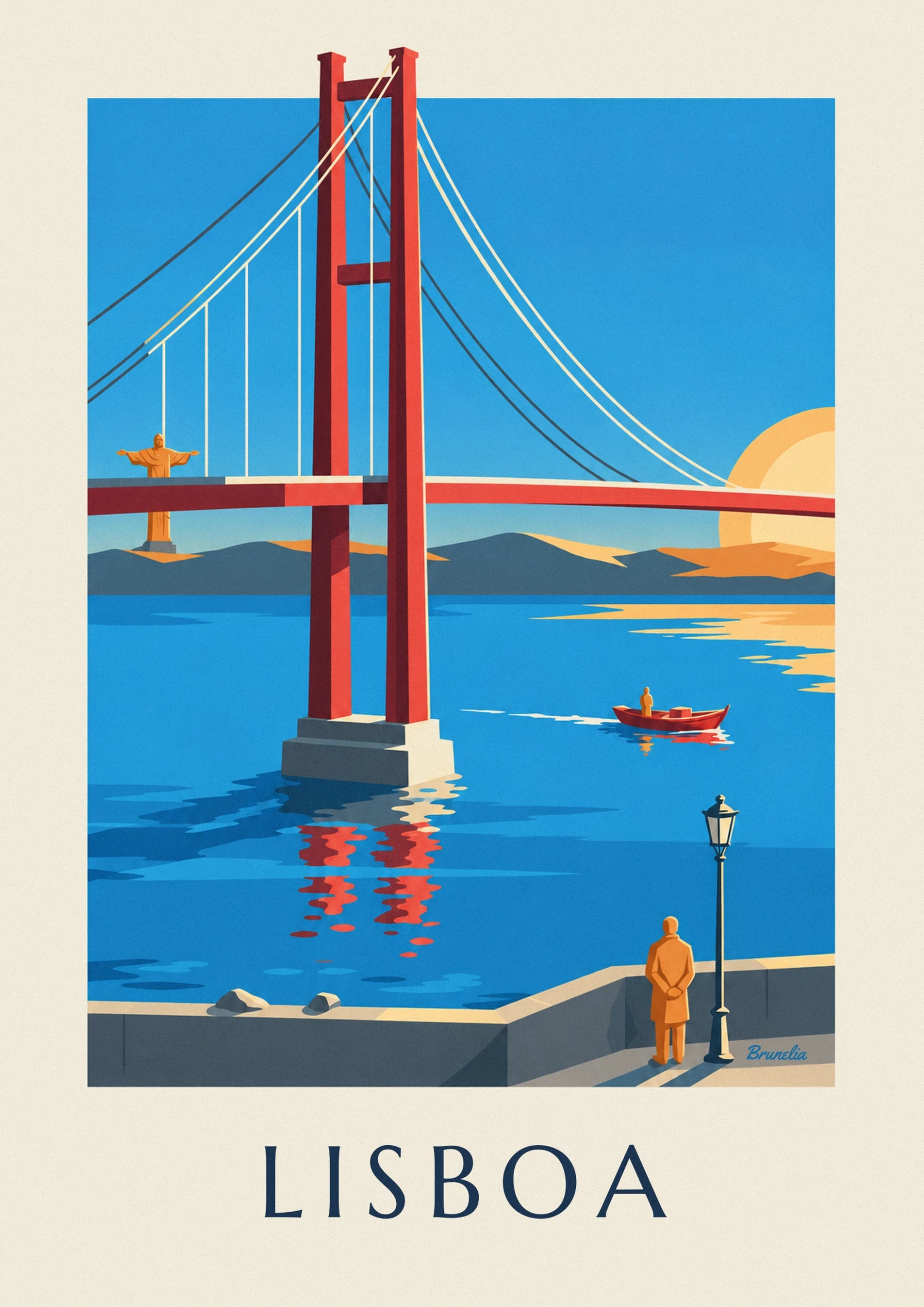 The bridge's red towers and suspension cables, against a blue sky
