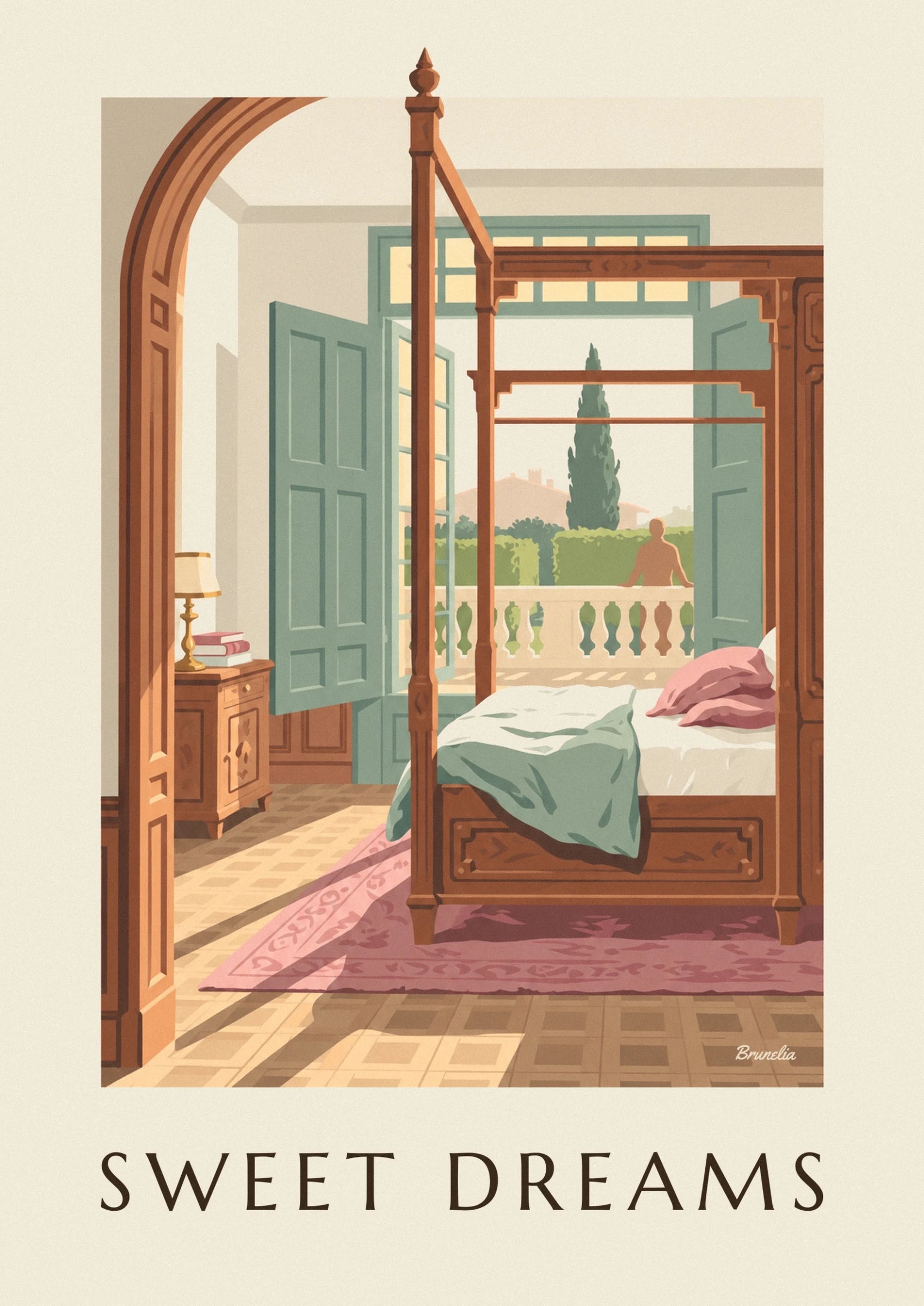 The carved wooden bed, its soft green blanket and pink pillows
