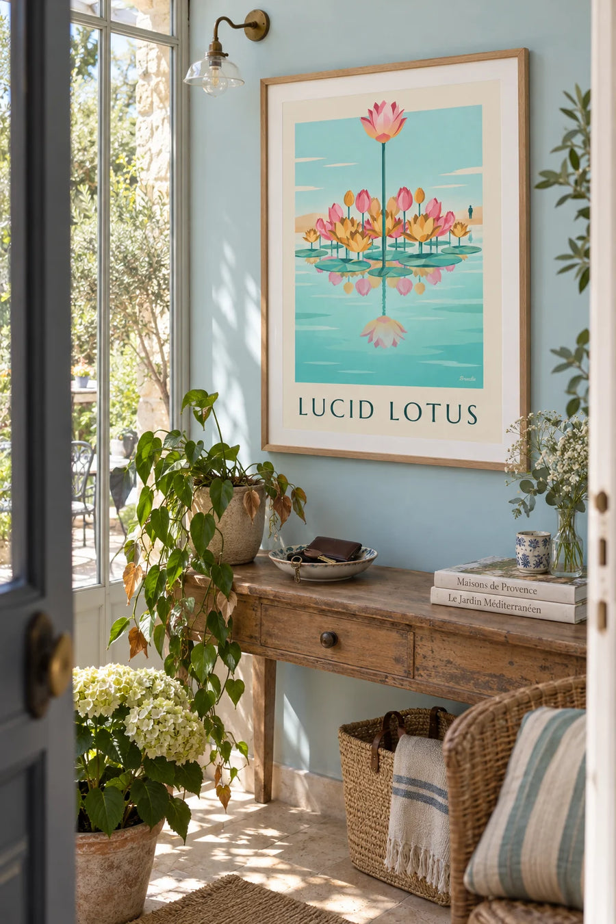 Lotus flowers fanned out on the water poster: framed on the wall