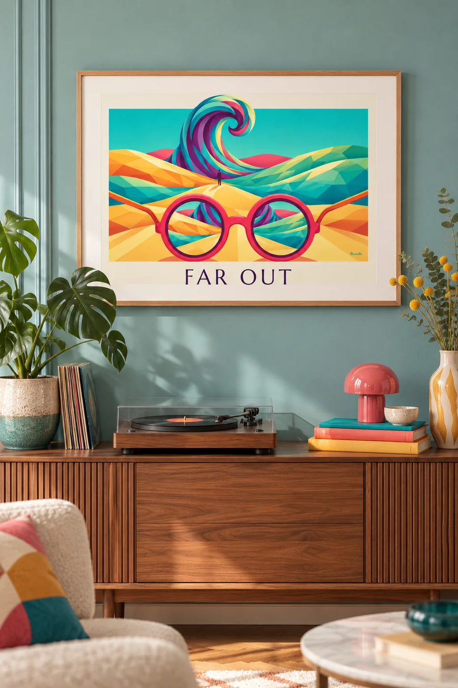 Poster van een psychedelische zonnebril en een kosmisch landschap: ingelijst aan de muur