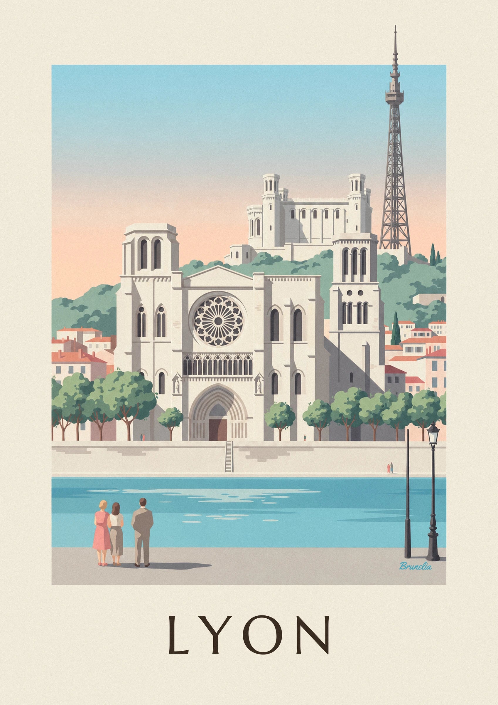 Affiche cathédrale Saint-Jean et quais de Saône à Lyon : détail en gros plan