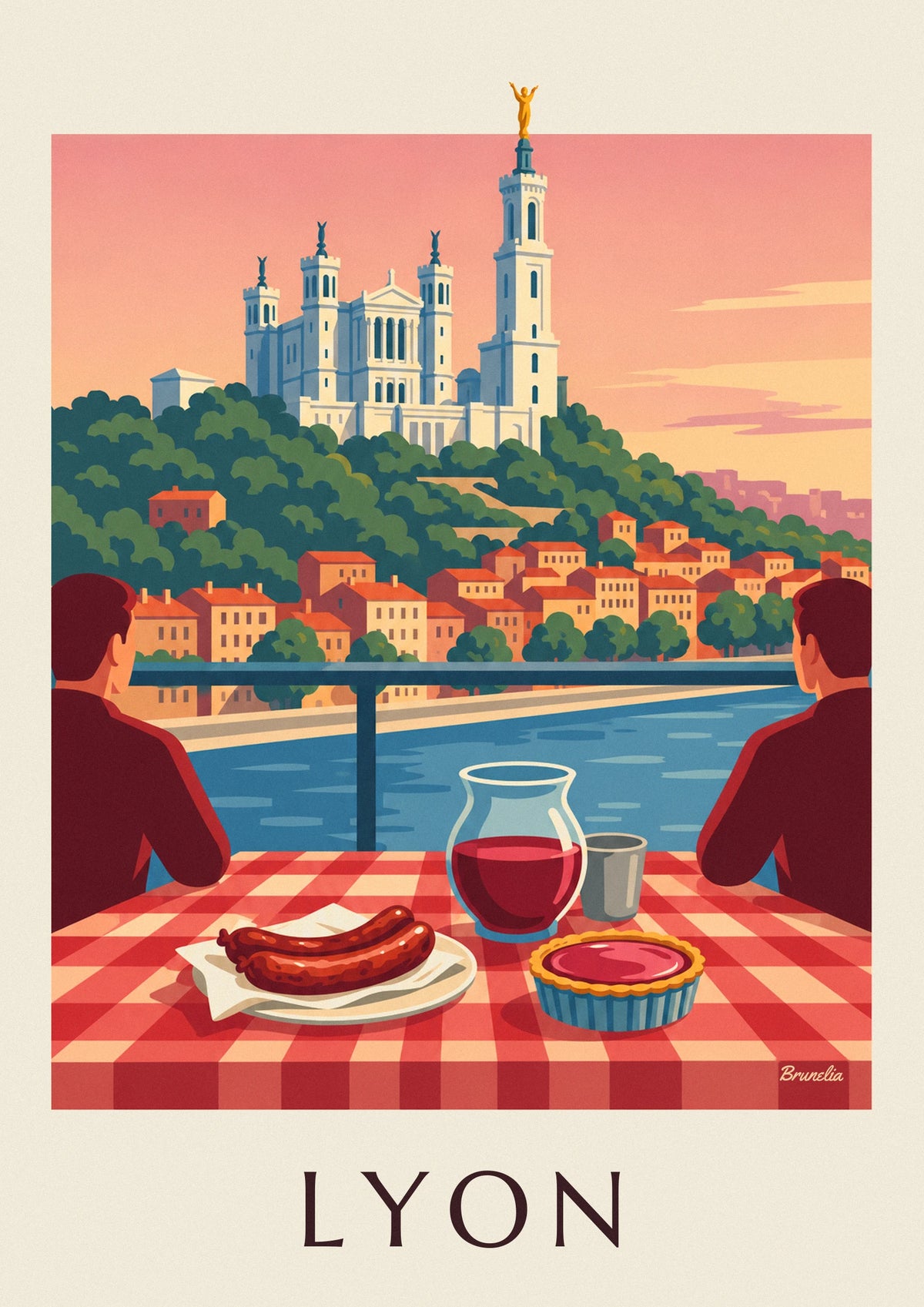 Affiche bouchon lyonnais face à la Saône et à Fourvière