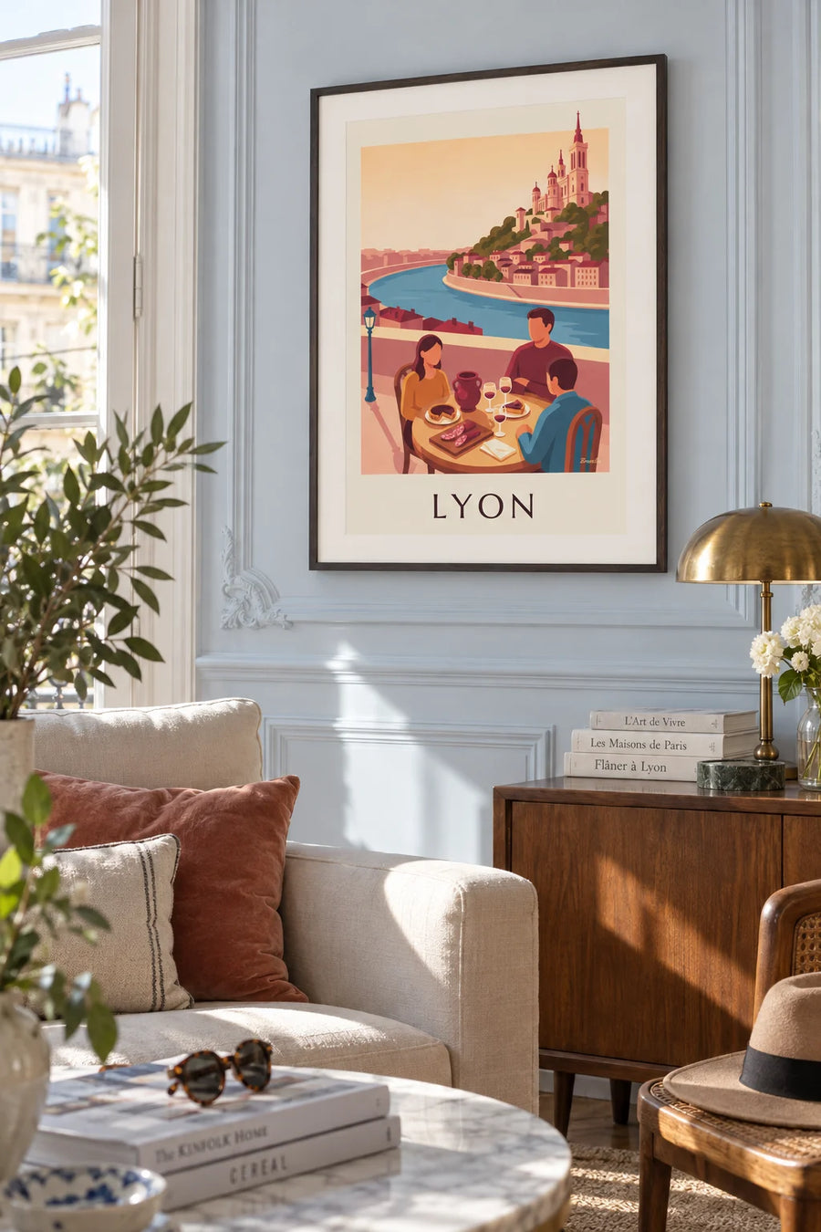 Affiche bouchon lyonnais face à la Saône et à Fourvière : encadrée au mur