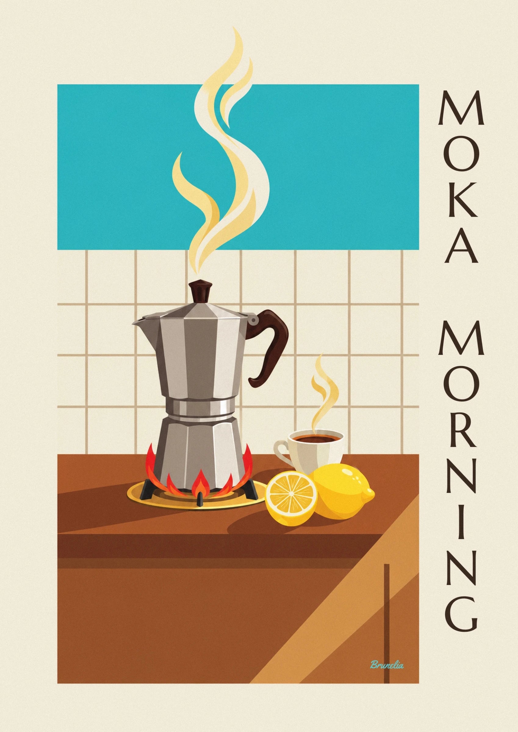 The silver moka pot with a brown handle over red flames
