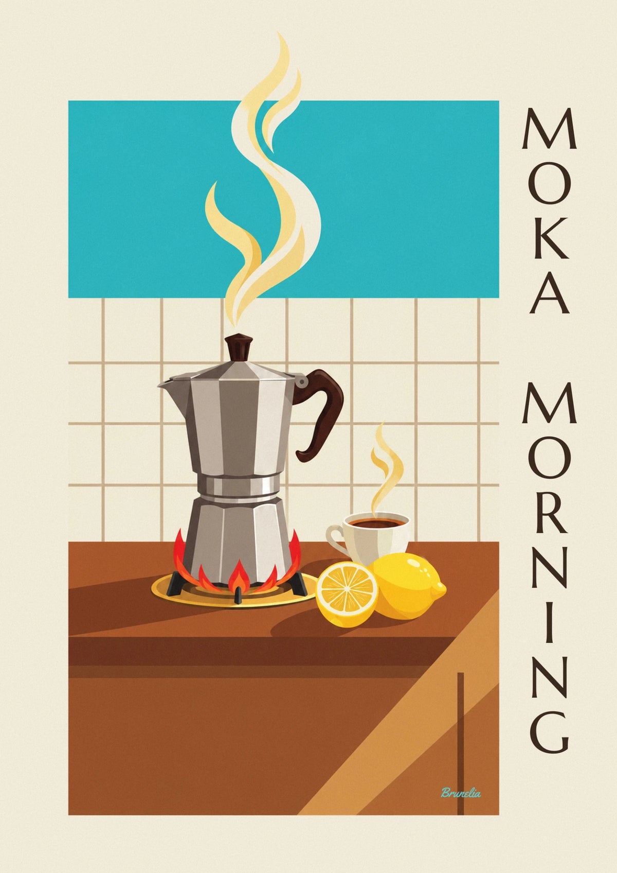 Italian moka pot on the stove in a kitchen poster