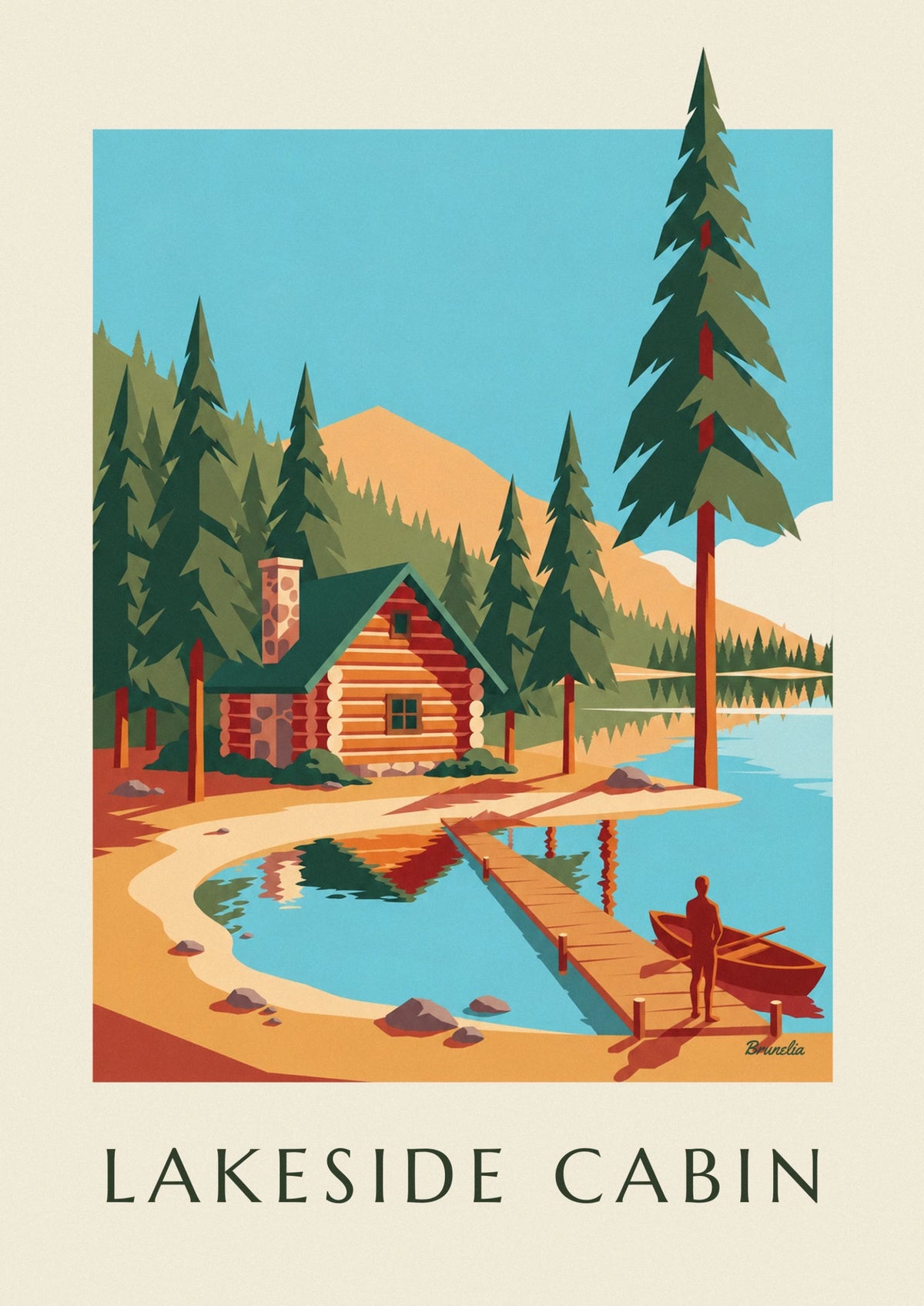 Log cabin by a mountain lake poster