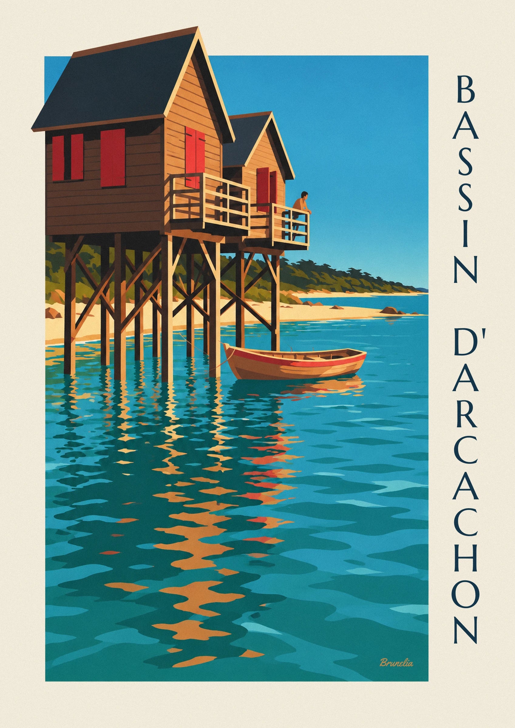 Affiche cabanes tchanquées du bassin d’Arcachon au crépuscule : détail en gros plan