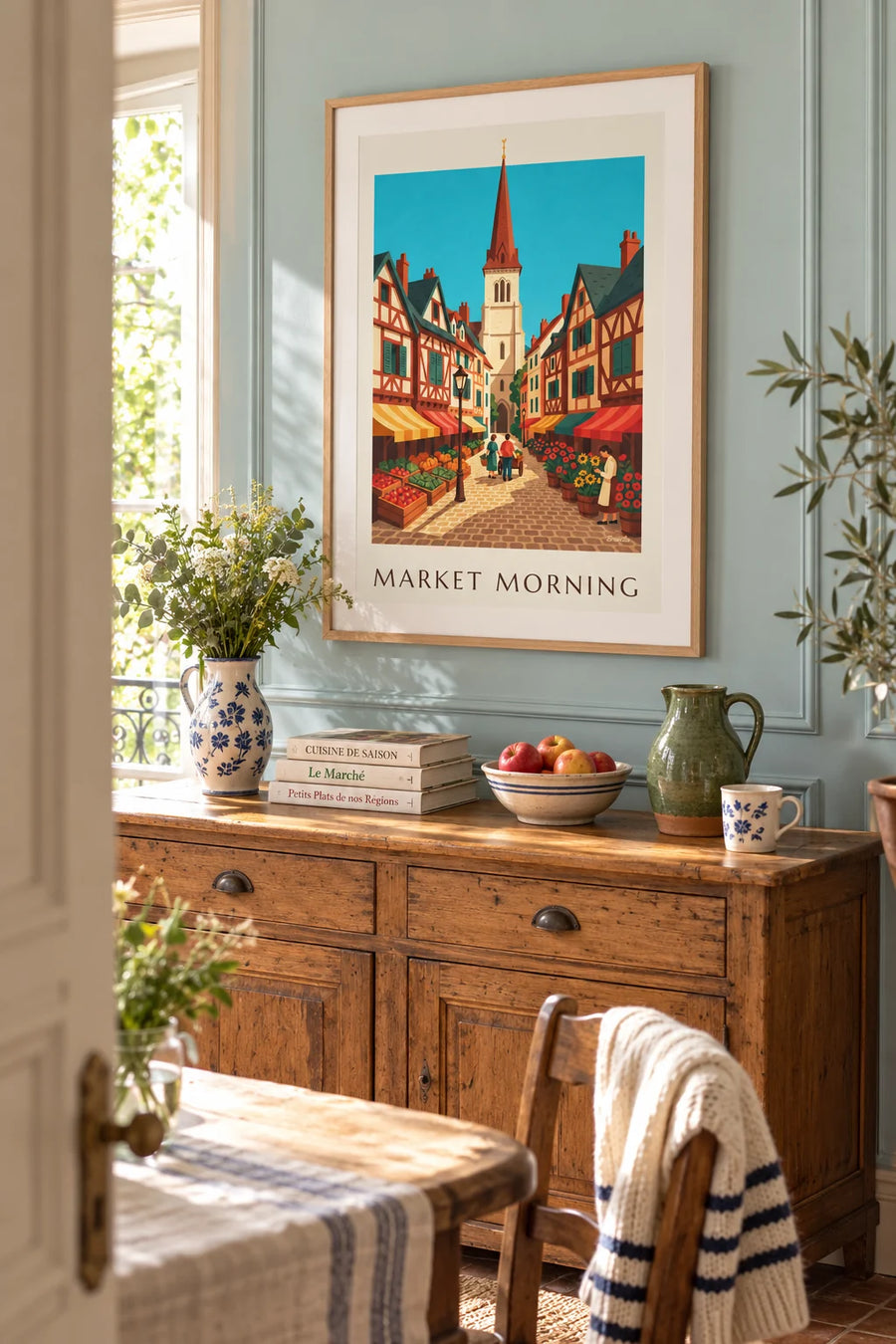 Poster boerenmarkt en vakwerkhuizen: ingelijst aan de muur