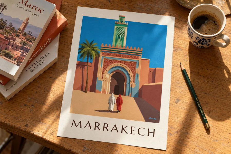 Affiche porte Bab Agnaou et minaret à Marrakech : posée sur une table
