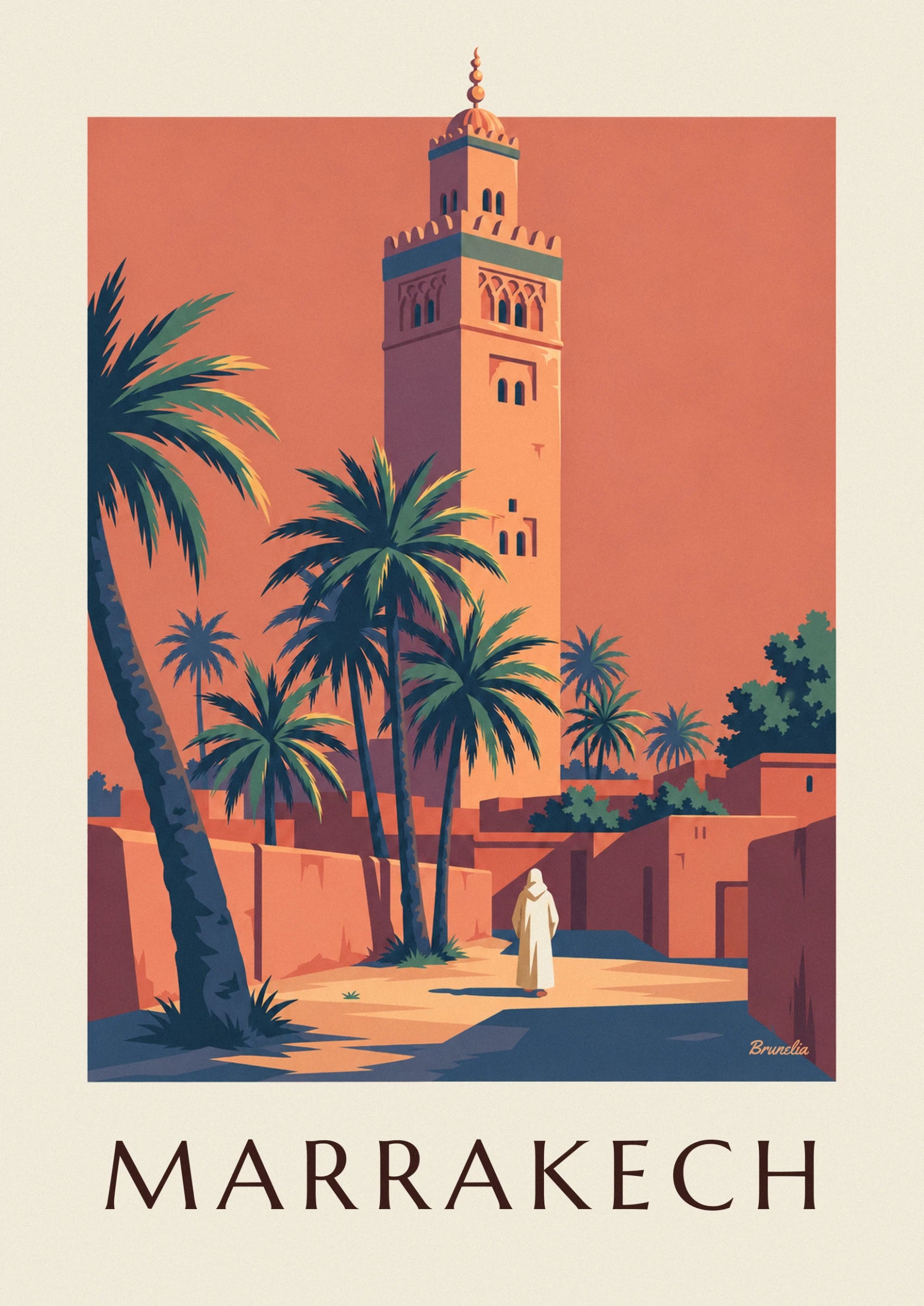 Le minaret de la Koutoubia et ses arcs ornés, en grès rose sous le ciel du soir