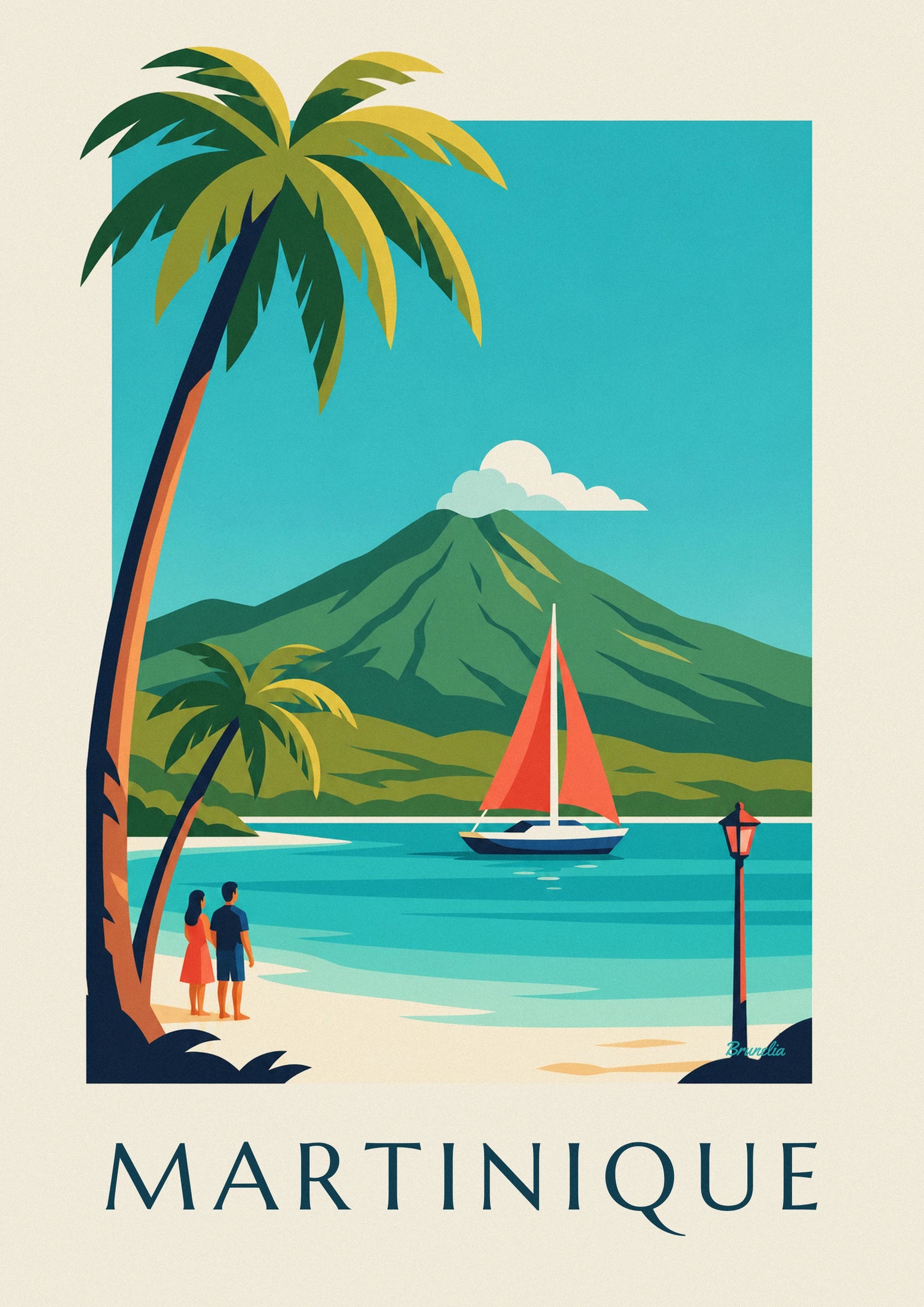 Martinique cove sailboat and Mount Pelée poster: close-up detail