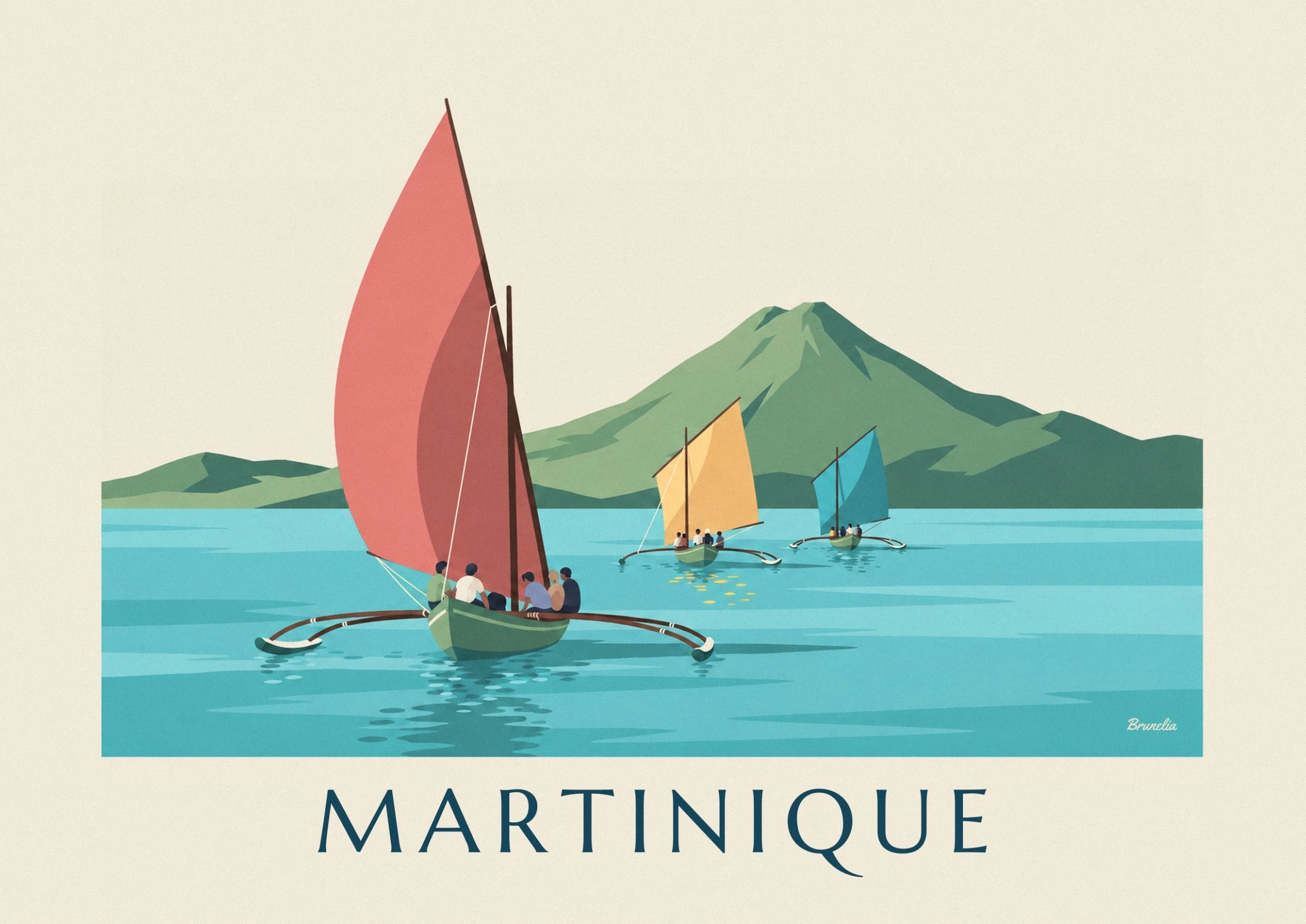 Skiffs mit gelben und blauen Segeln auf türkisfarbenem Wasser, unterhalb der Hügel Martiniques