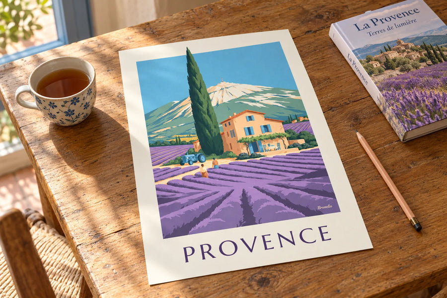Poster Provençaalse mas tussen de lavendelvelden: op een tafel