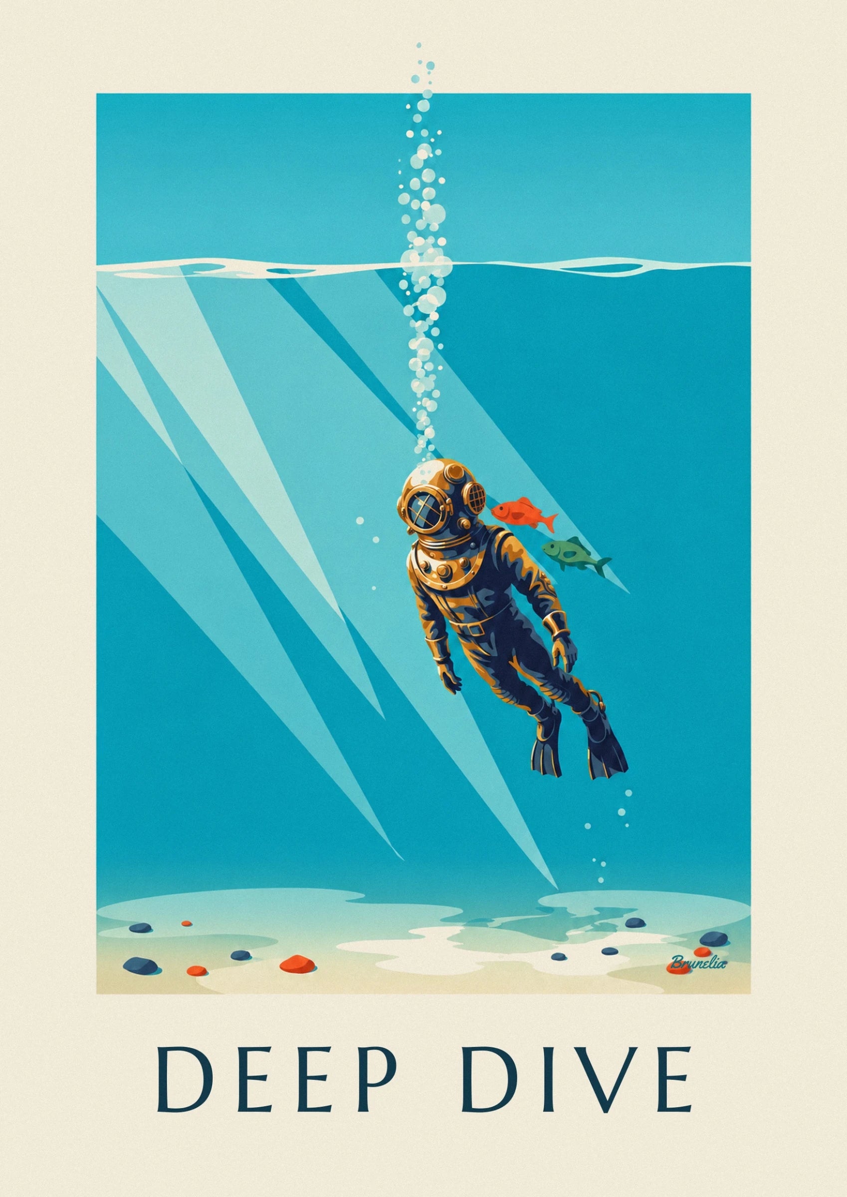 Poster Taucher mit Kupferhelm beim Eintauchen ins Meer: Detail in Nahaufnahme