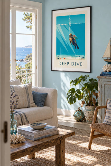 Poster van een duiker met een futuristische chromen helm onder water: ingelijst aan de muur