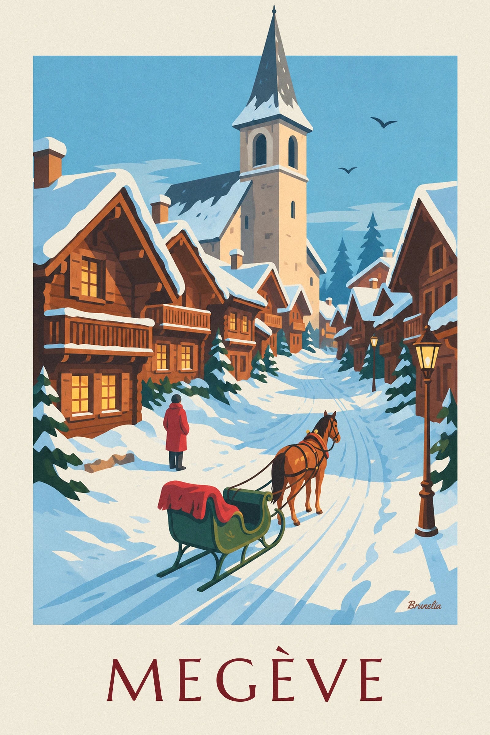 The green sleigh with a red blanket and its chestnut horse, on the snow