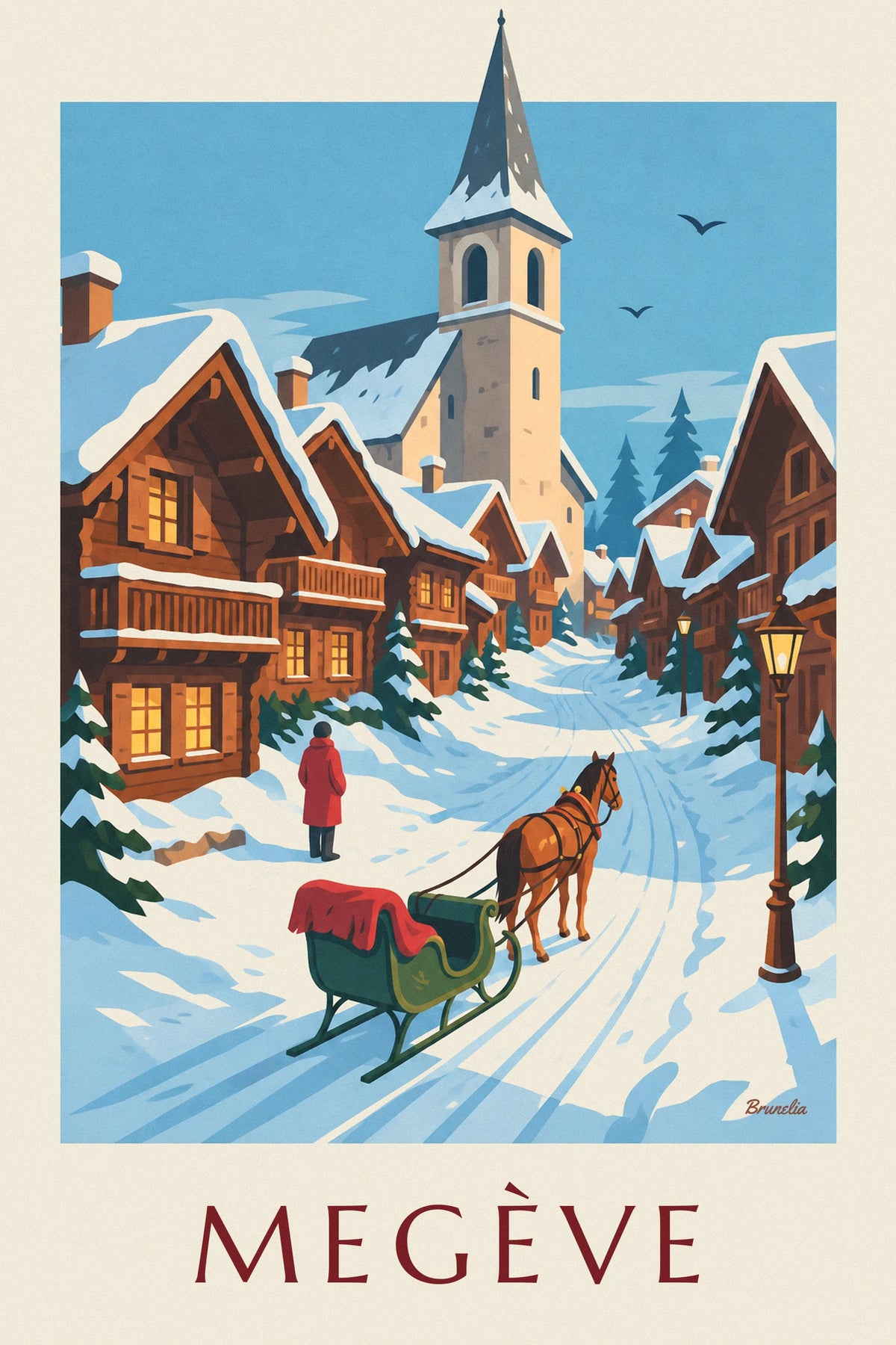 Affiche traîneau à cheval dans une rue enneigée de Megève