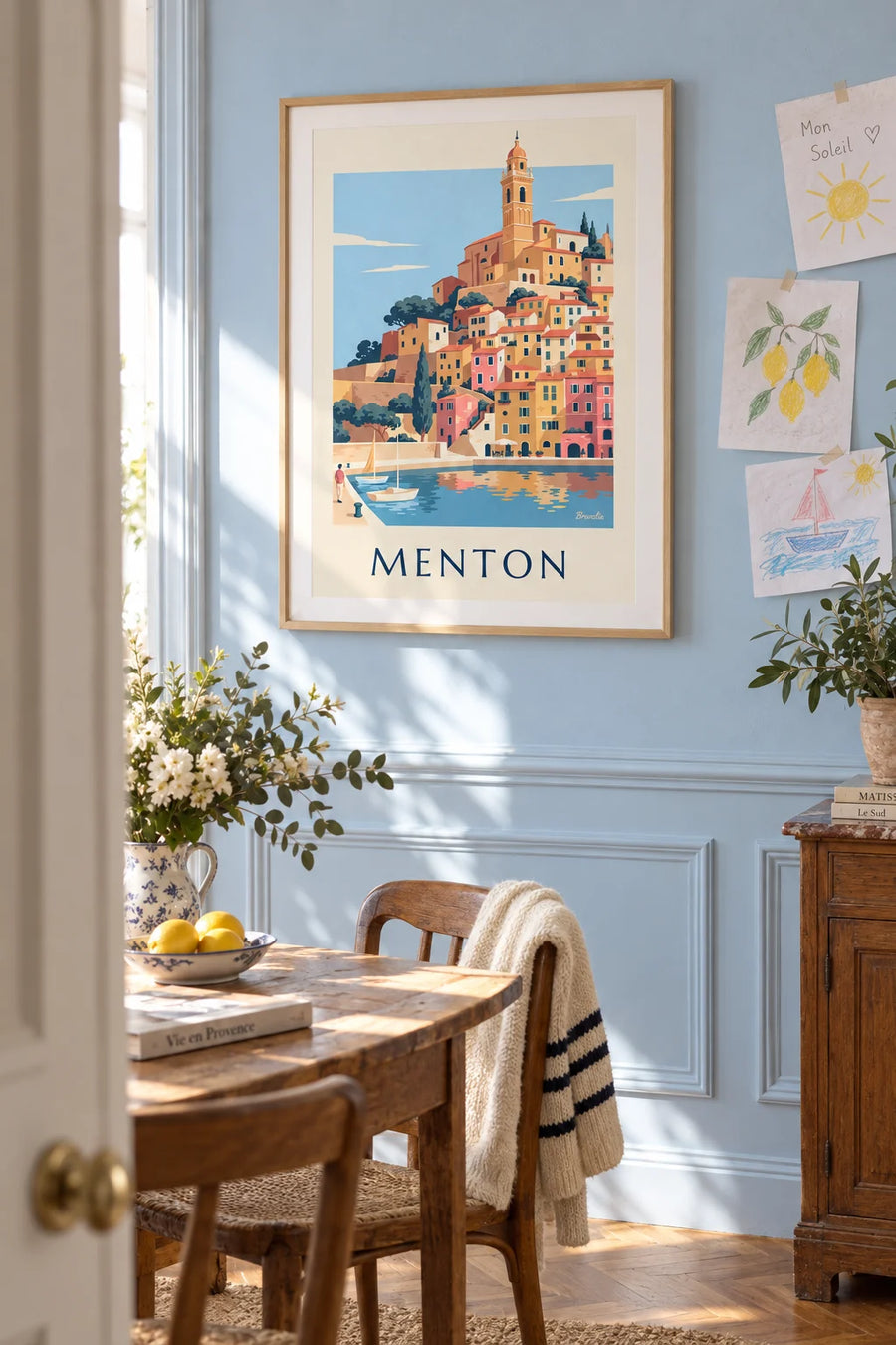 Affiche vieille ville de Menton et basilique Saint-Michel : encadrée au mur