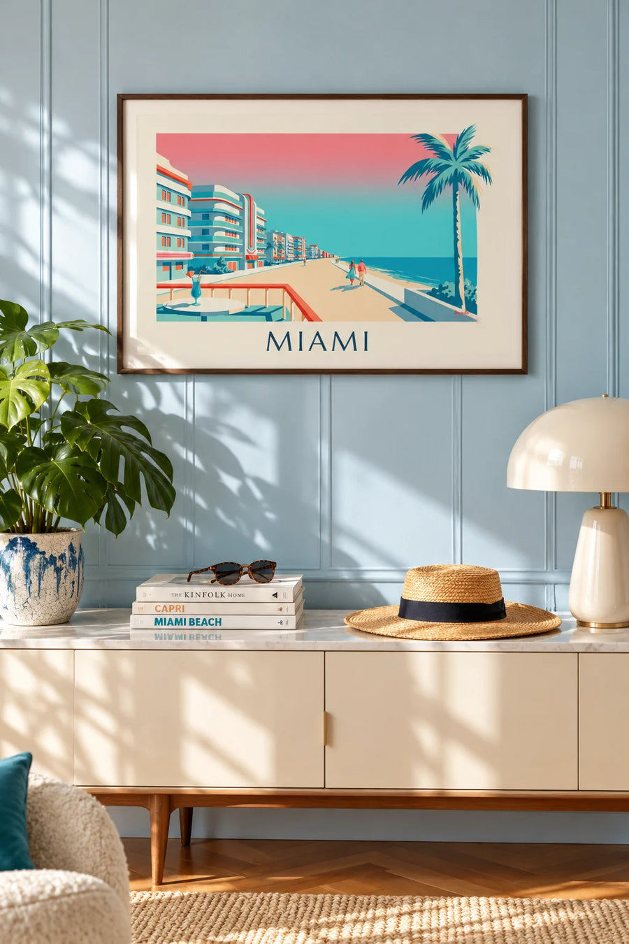 Poster of a cocktail and palm trees on Ocean Drive in Miami: framed on the wall