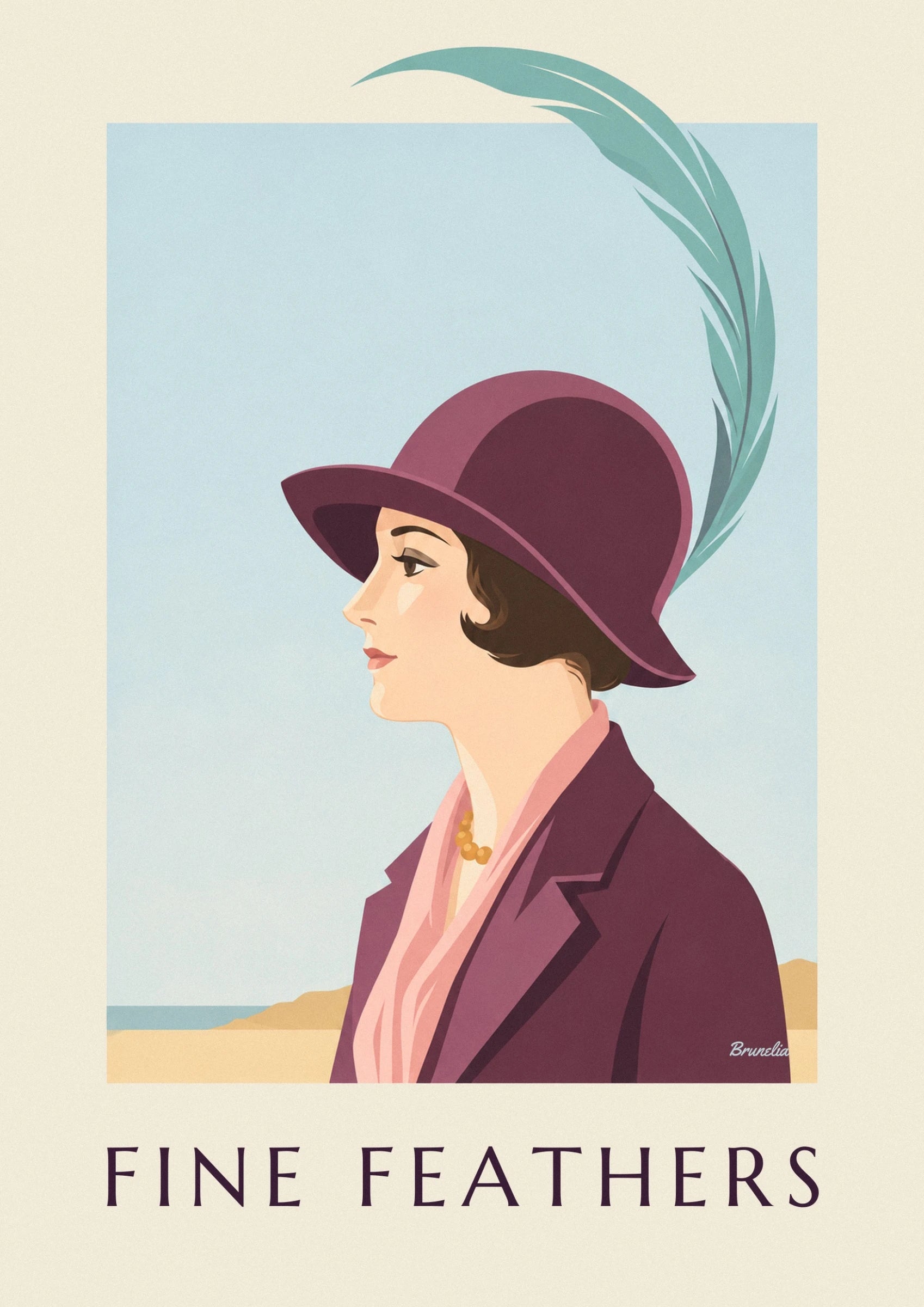 Affiche femme élégante au chapeau à longue plume : détail en gros plan