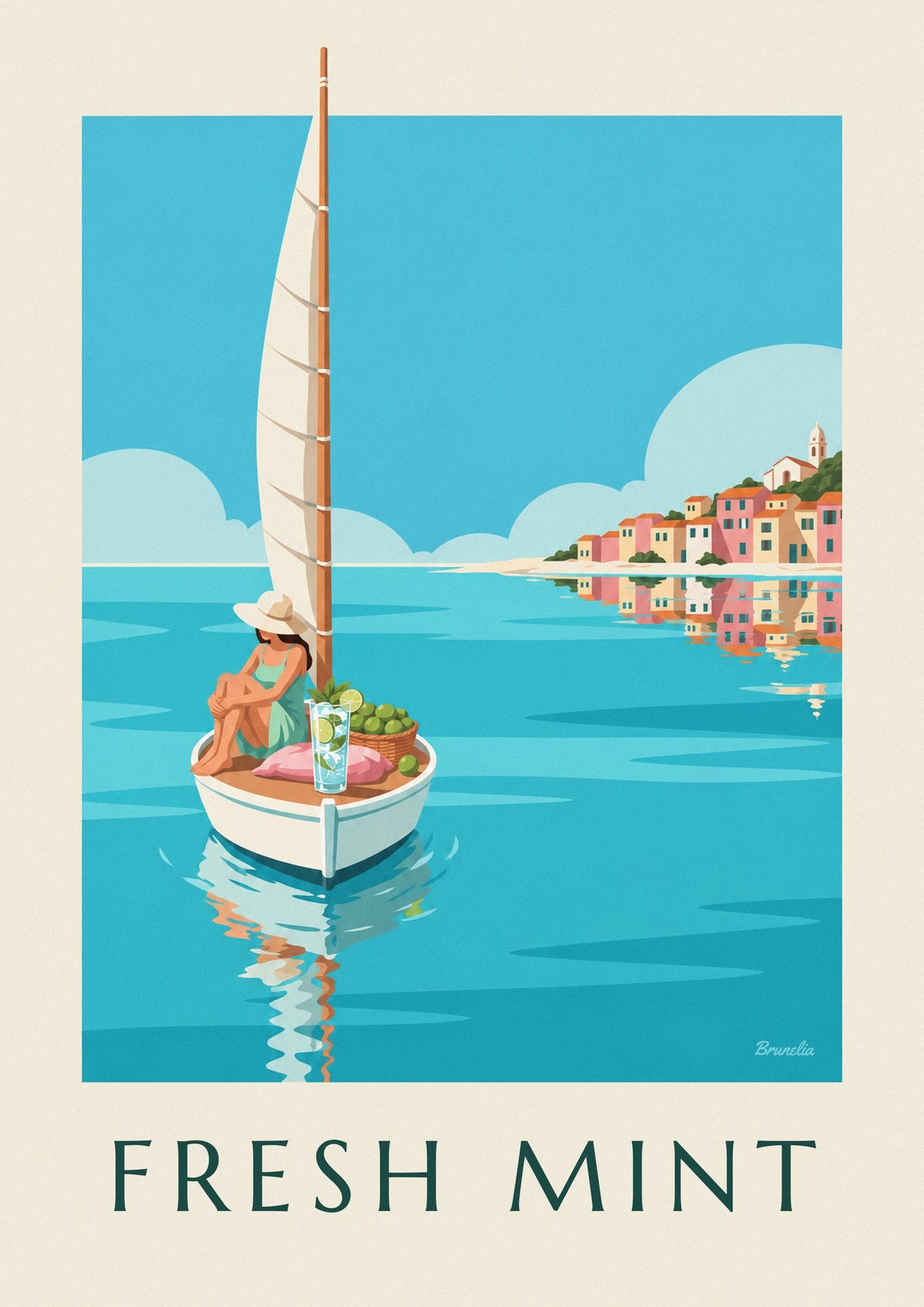 Affiche mojito à bord d'un petit voilier dans une baie turquoise