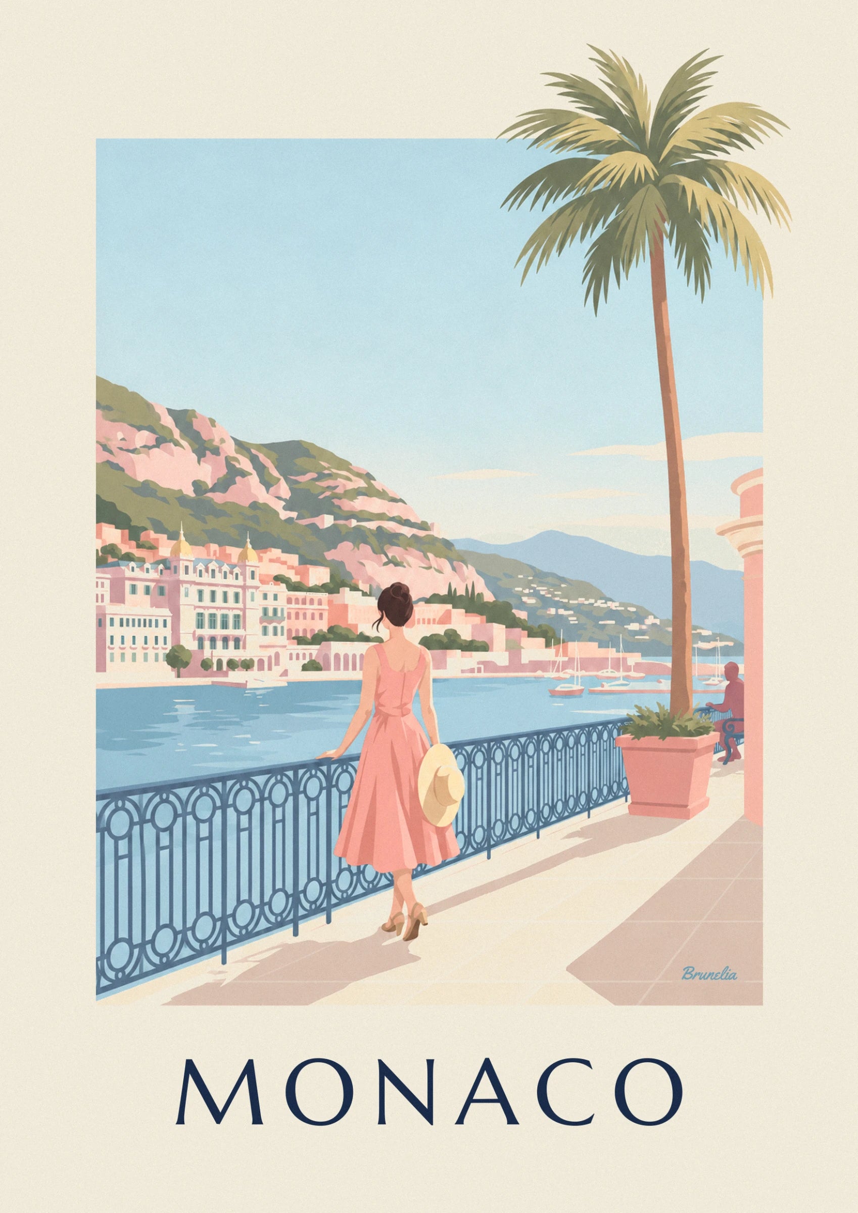 Frau im rosa Kleid, den Strohhut in der Hand, mit Blick auf die Bucht und ihre rosa Fassaden