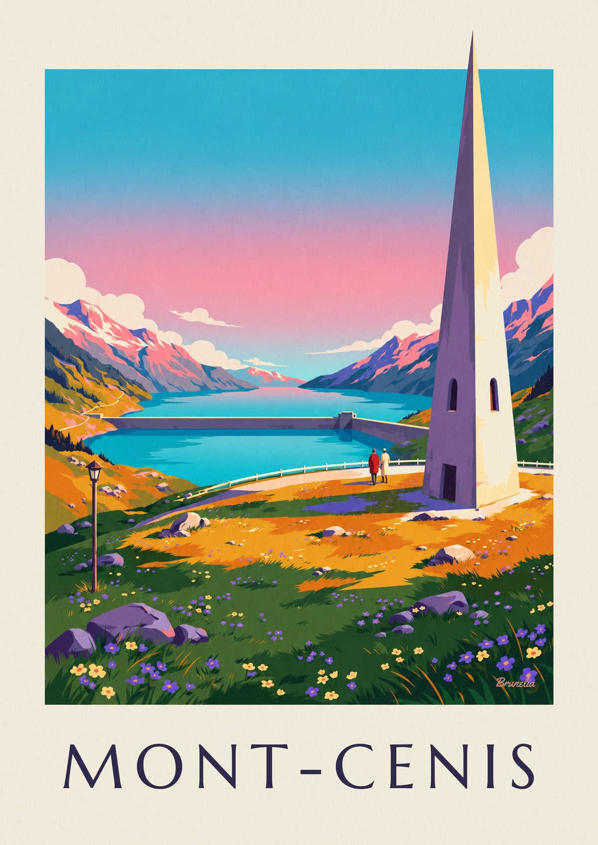 Poster meer van de Mont Cenis bij zonsondergang