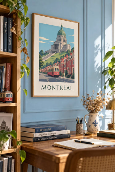 Affiche tramway rouge montant vers l'oratoire Saint-Joseph : encadrée au mur