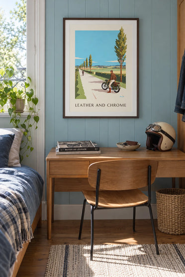 Poster Biker in Lederjacke und Fliegerbrille: gerahmt an der Wand