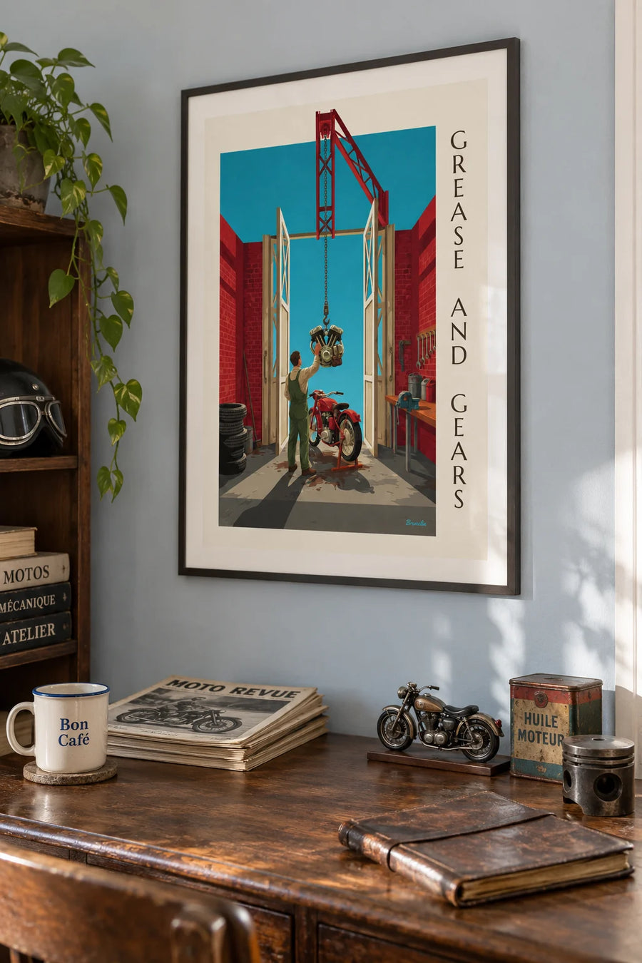 Affiche moto classique dans un atelier de mécanique en brique : encadrée au mur
