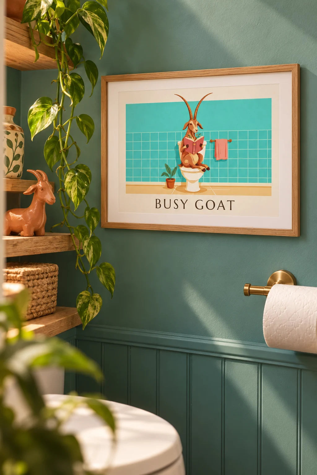WC: Lustiges Poster Ziege liest auf der Toilette im Raum