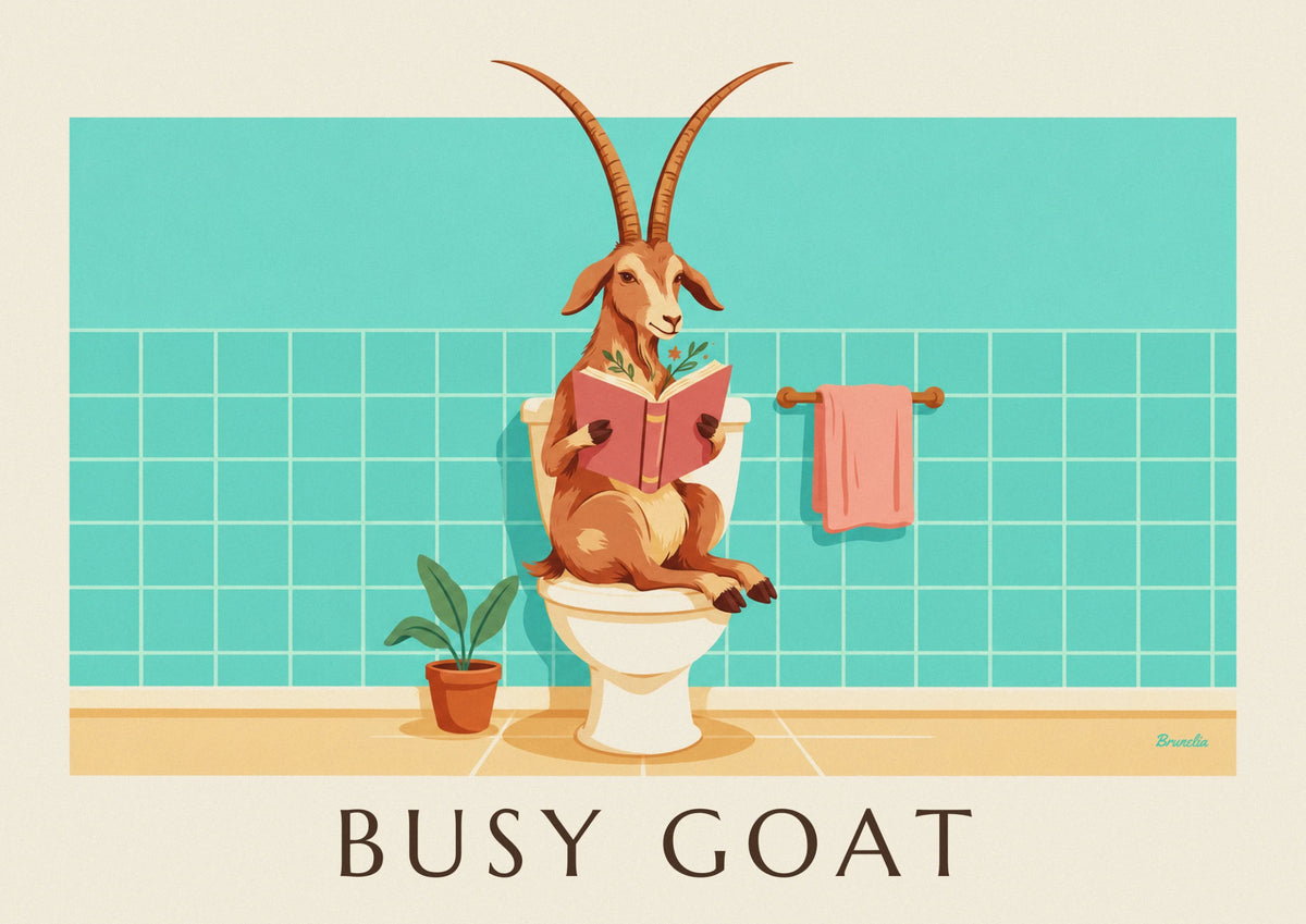 Affiche humoristique chèvre qui lit sur les toilettes