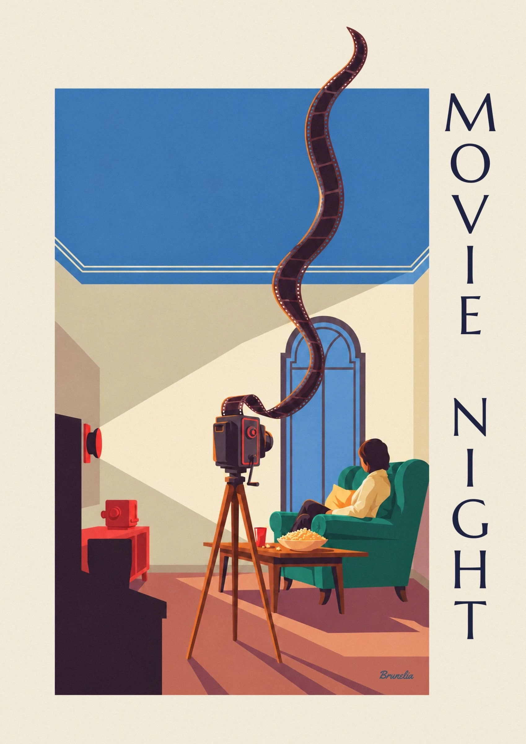 The camera on its wooden tripod beside the green armchair and bowl of popcorn