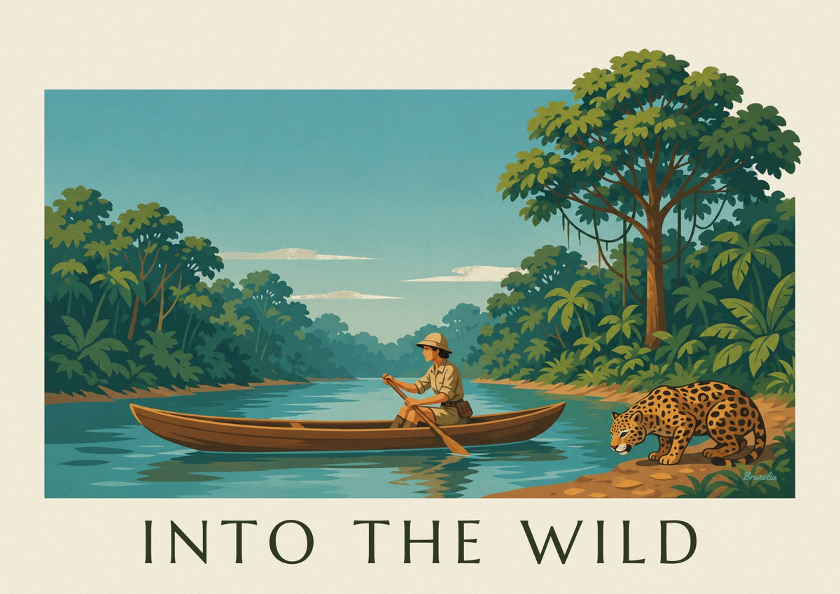 Affiche exploratrice en pirogue et jaguar en Amazonie