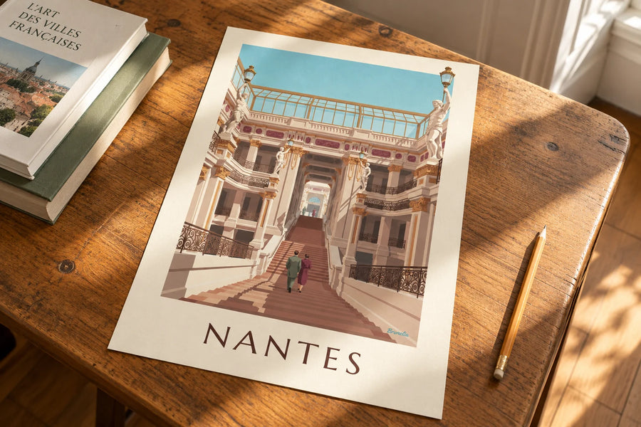 Poster Passage Pommeraye en zijn galerijen in Nantes: op een tafel