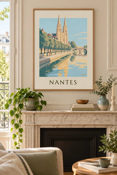 Affiche cathédrale de Nantes et pont sur la Loire : encadrée au mur