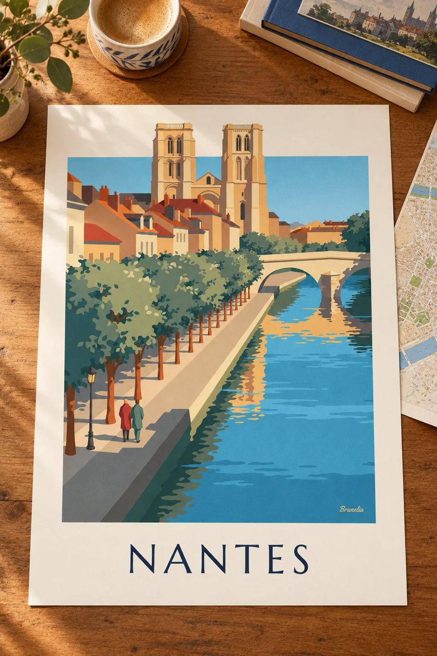 Affiche cathédrale de Nantes et pont sur la Loire : posée sur une table