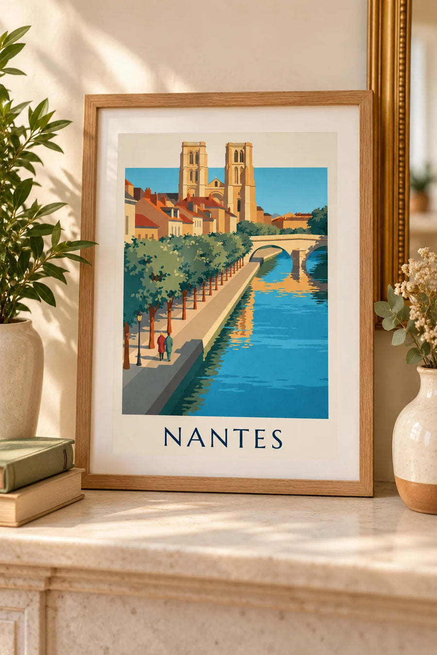 Affiche cathédrale de Nantes et pont sur la Loire : petit format A4 encadré