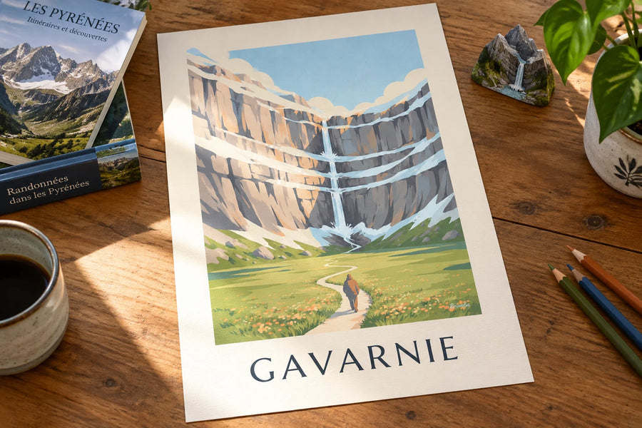 Poster Cirque de Gavarnie mit seinem großen Wasserfall: auf einem Tisch