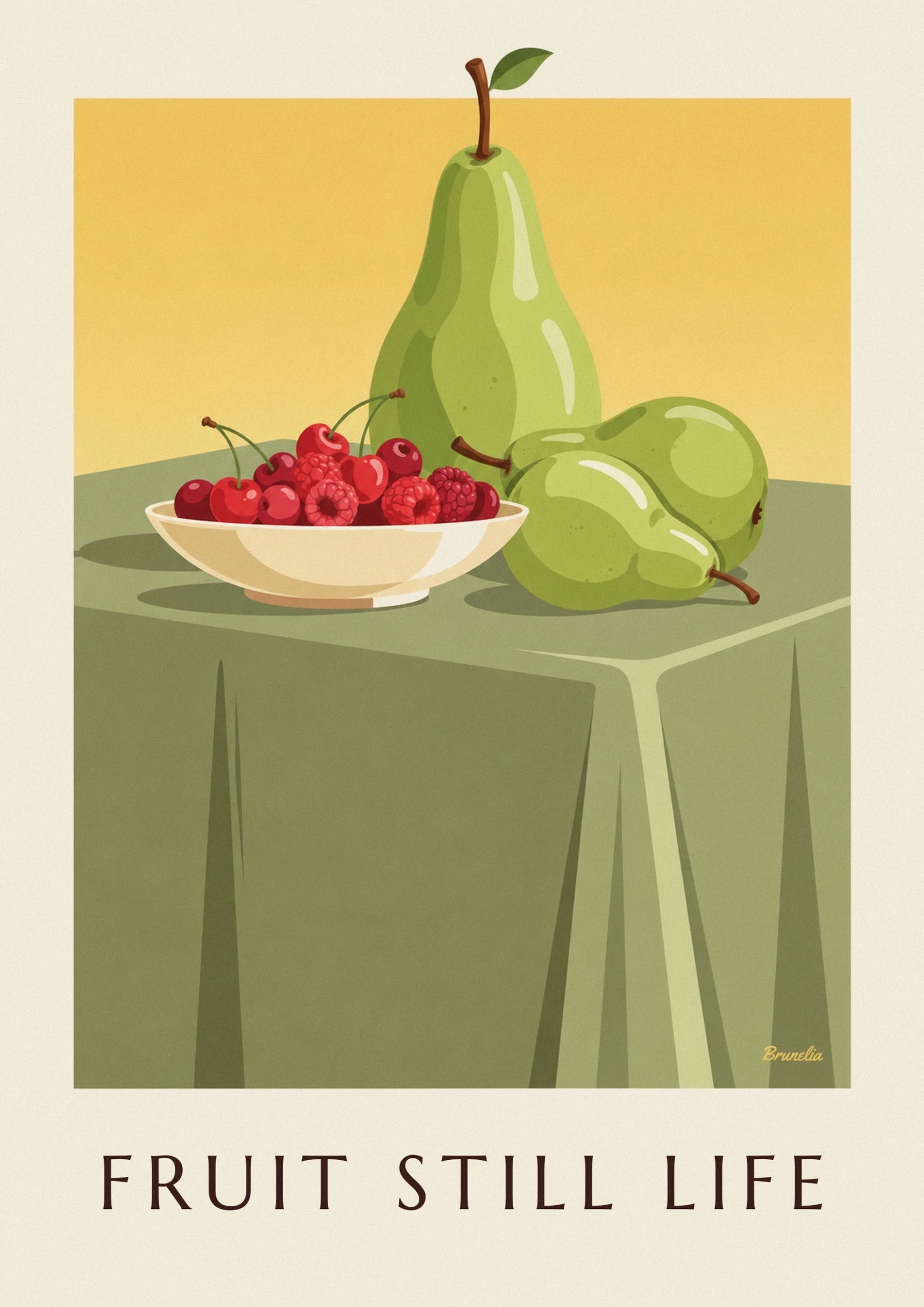 Affiche nature morte, bol de fruits rouges et poires : détail en gros plan