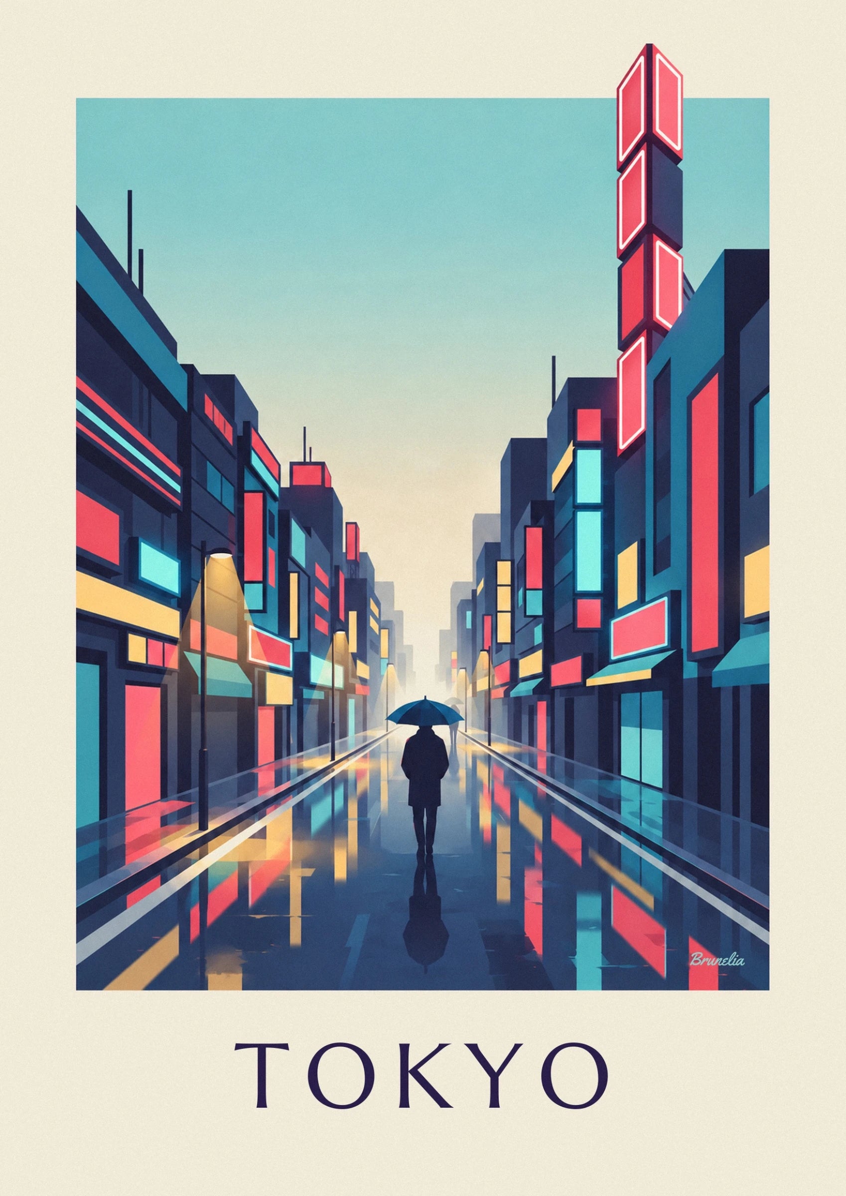 Eine Gestalt unter einem blauen Regenschirm mitten auf der Straße voller leuchtender Reflexe